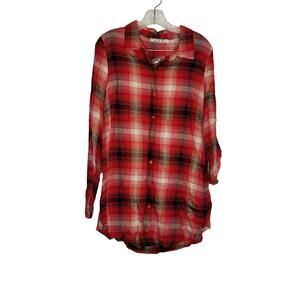 Chloe K Red Plaid Button Rolled Sleeve Tunic Top, Size L